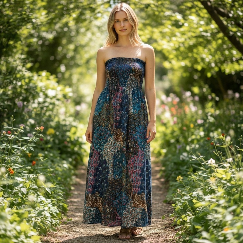 Raindrops by Papillion Smocked Strapless Maxi Dress Boho Size Small